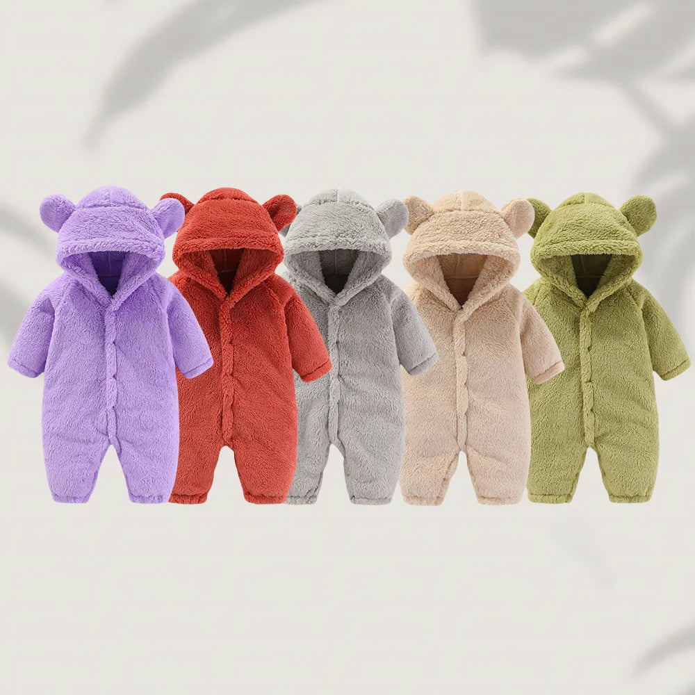 Winter Baby Fleece Bear Ear Hooded Romper – Warm & Cozy Jumpsuit (0–12M)